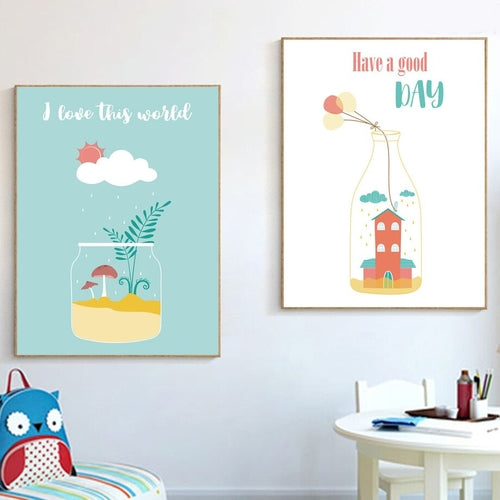 Cartoon Bottle House Balloon Wall Art Canvas