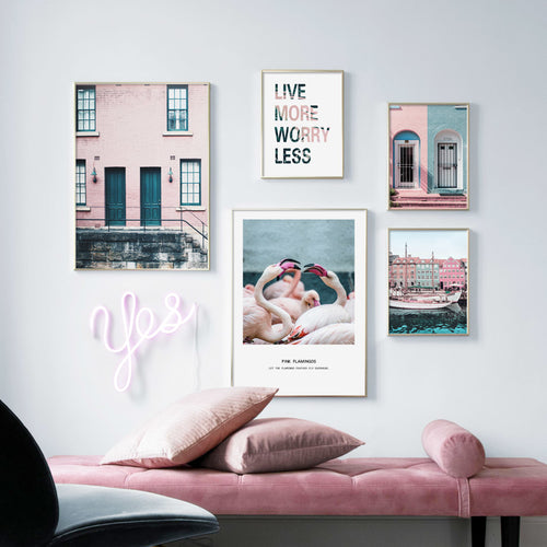 Blue Sea Pink House Landscape Wall Art