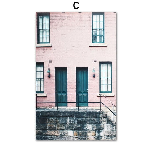 Blue Sea Pink House Landscape Wall Art