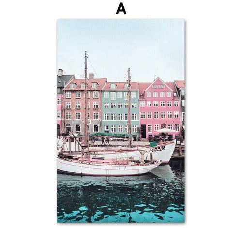 Blue Sea Pink House Landscape Wall Art