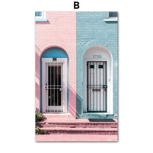 Blue Sea Pink House Landscape Wall Art