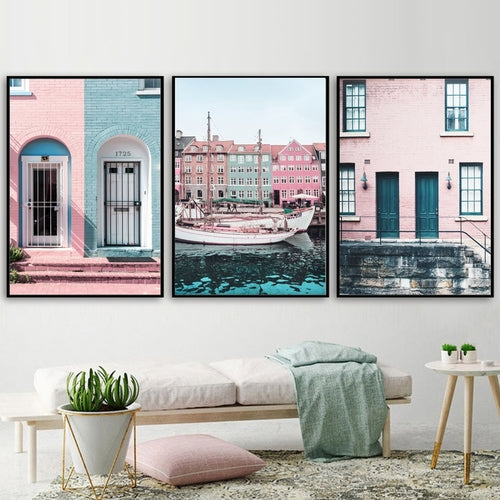 Blue Sea Pink House Landscape Wall Art