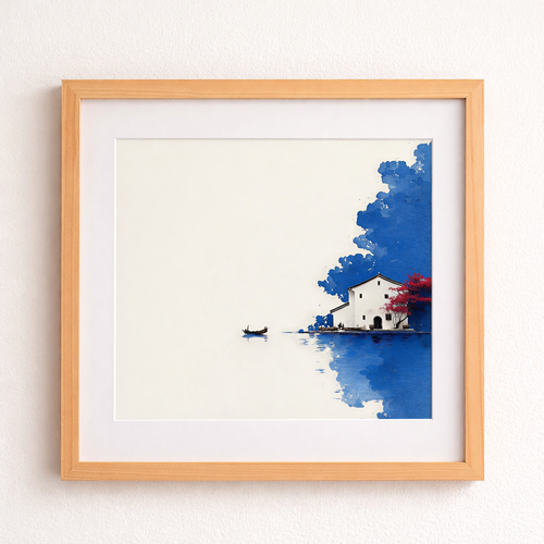 Minimalist Zen Waterside House Watercolor Art